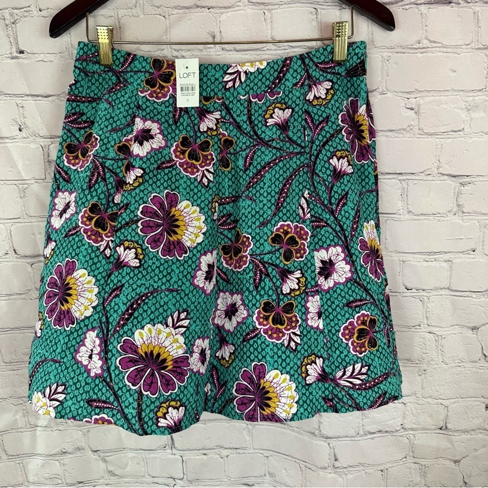 NWT LOFT Teal Purple Floral a-line flowy short Skirt sz 6 office beach brunch